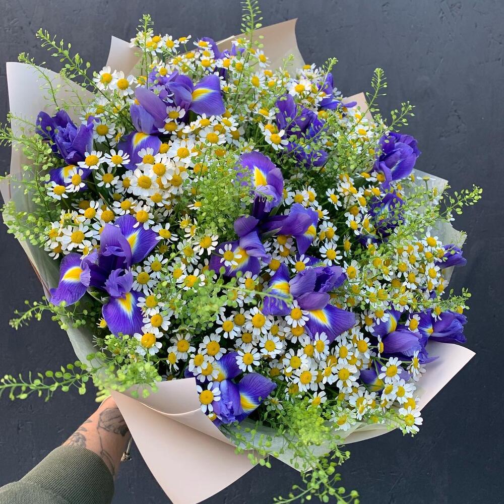 Полевой букет из ромашки(матрикарии) и ирисов Полевой букет из ромашки(матрикарии) и ирисов